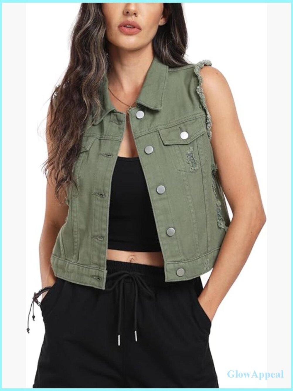 Cropped Ripped Denim Vest Sleeveless Jean Vest with Flap Pockets